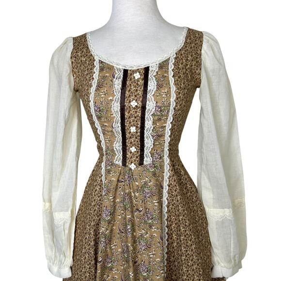 Gunne Sax Vintage 70s Cottagecore Long Sleeve Prairie Dress Floral Calico 5, XXS - Picture 3 of 11